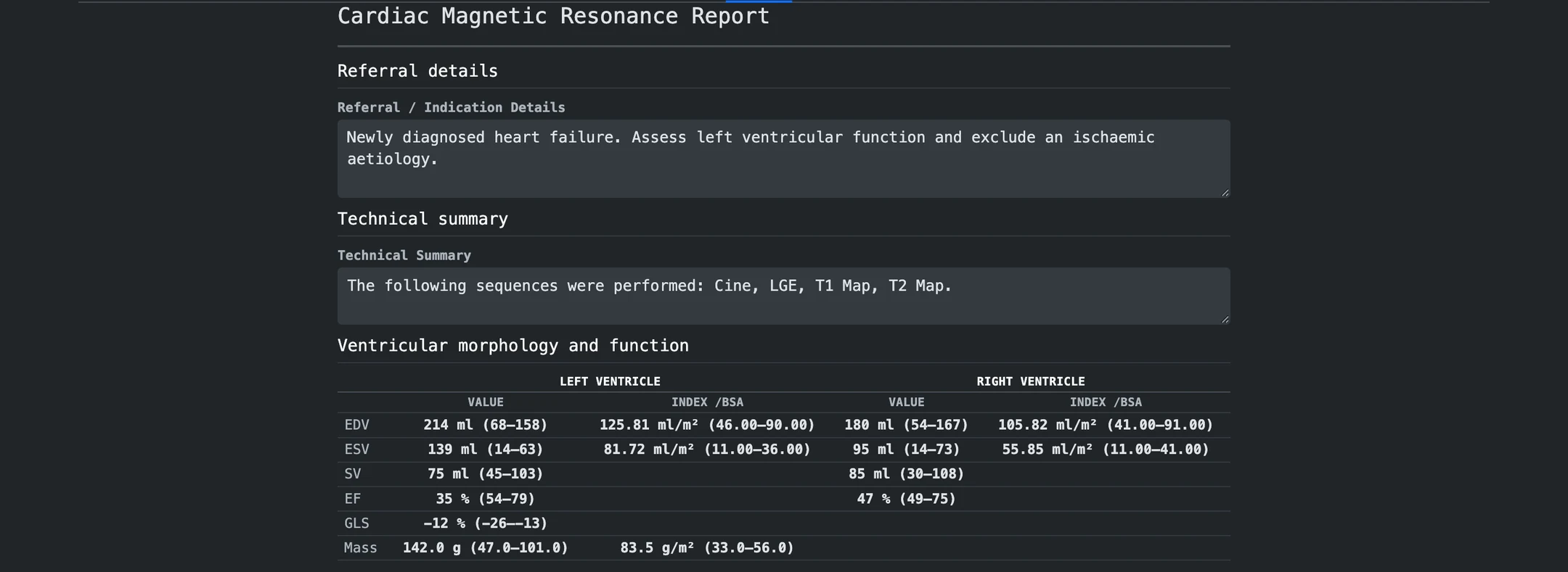 Draft cardiac MR report: referral details, technical summary, and a ventricular morphology and function table listing left and right ventricular values with BSA-indexed columns and reference ranges.